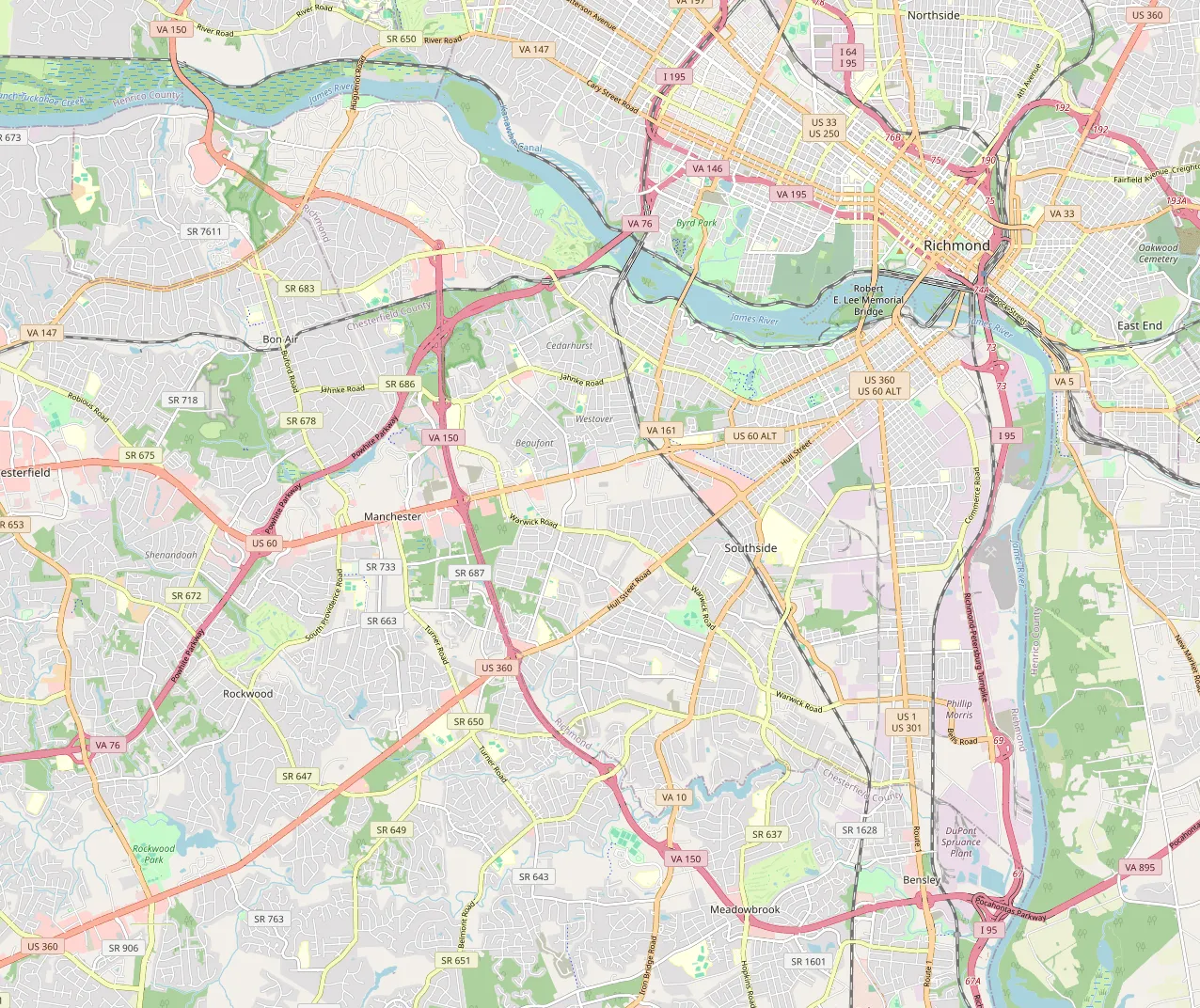 Map of the hotel and selected nearby places: Econo Lodge Richmond; Virginia State Capitol, St. John’s Church, Rockwood Park, City Stadium